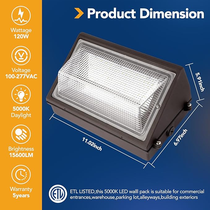 120W LED Wall Pack Light Dusk to Dawn 15600Lm 5000K Daylight Commercial Security Lighting800-1000W MH Equivalent 100-277VETL Certified Outdoor LED Wall Pack for Parking Lot Doorway House
