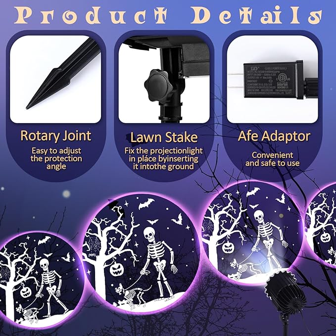 Halloween Projector Light with 1 Film Slides Holiday LED Projector Lights Outdoor Reflectors Waterproof Landscape Decorative Rotation Lighting Movement Projection Lamp(Skeletons and Dogs)