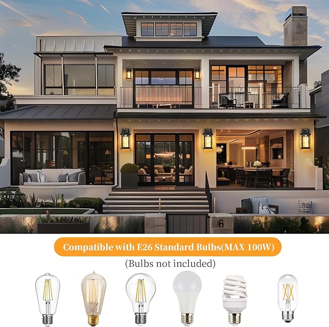 12'' Outdoor Light Fixture 2 Packs Outdoor Wall Lights Exterior Wall Sconce with Water Ripple Glass Waterproof Porch Light Lantern Wall Mounted Modern Black Outside Lights for House Patio Garage