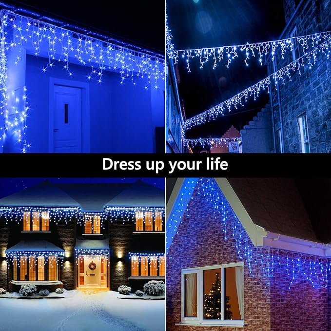 Brizled Blue Icicle Lights 29ft 360 LED Christmas Icicle Lights with Remote 8 Modes Christmas Roof Light with 60 Drops Connectable Xmas Eave Light Outdoor Drop Lighting for Xmas Wedding Holiday