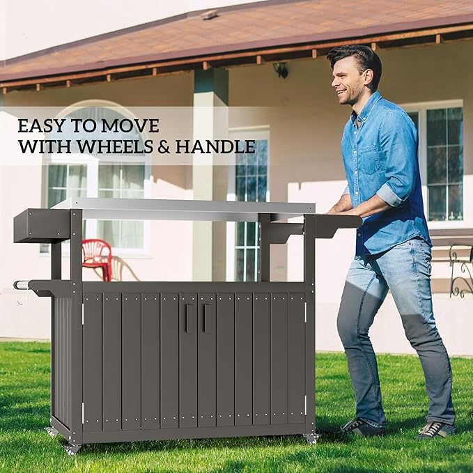Sophisticated Premium Stainless Steel Outdoor Bar Cart with Spacious Storage Durable Construction Wheeled Heavy Duty Casters HDPE Light Gray Finish