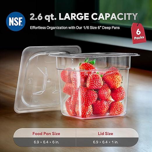 Wilprep 6 Pack Plastic Food Pans with Lids NSF Listed 1/6 Size 6 in Deep Clear Food Storage Containers 2.6 qt Stackable Polycarbonate Commercial Hotel for Fruits Vegetables Beans Corns