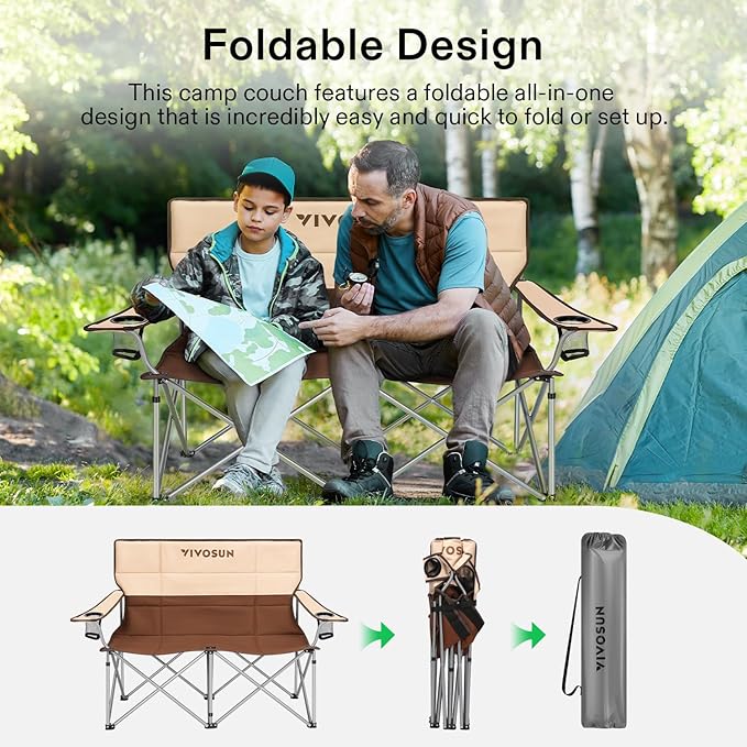 VIVOSUN [outlets] Double Camping Chair Fully Padded Folding Loveseat Portable Oversized Duo Chair with Storage Cup Holders Height-Adjustable Armrests &amp Carry Bag Supports up to 500lbs