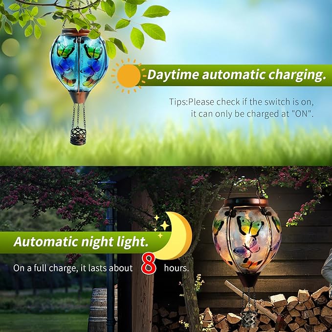 Glass Solar Hot Air Balloon Lantern with Flame Hanging Garden Flickering Light Outdoor Waterproof for Yard Patio Tree Mother's Day Gift Butterfly
