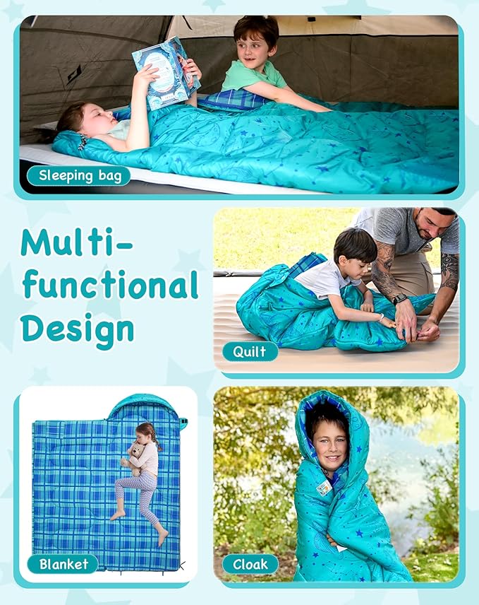 KingCamp 45°F Kids Sleeping Bag Lightweight Waterproof &amp Compact Flannel Sleeping Bags Cold Weather &amp Warm Youth Essentials Gear Accessories for Camping Fits 10-12 Children up to 4'7-5'5 T