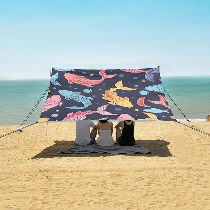 Red Yellow Blue Fishes Camping Sun Shelter Beach Tent Portable Beach Sun Shade Outdoor Canopy for Camping Trips Fishing Picnic