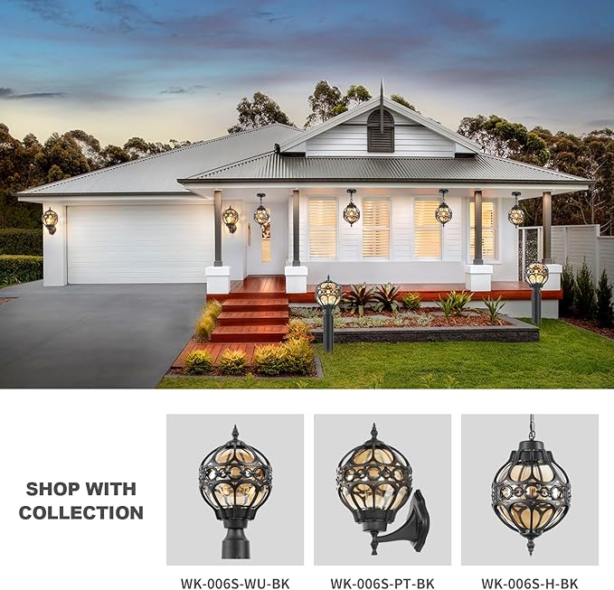 Globe Outdoor Pendant Lights for Porch Patio Garage Matte Black Aluminum Anti-Rust Hanging Light Fixture Industrial Round Amber Glass Exterior Chandelier Outside Pendant Lamp Lantern