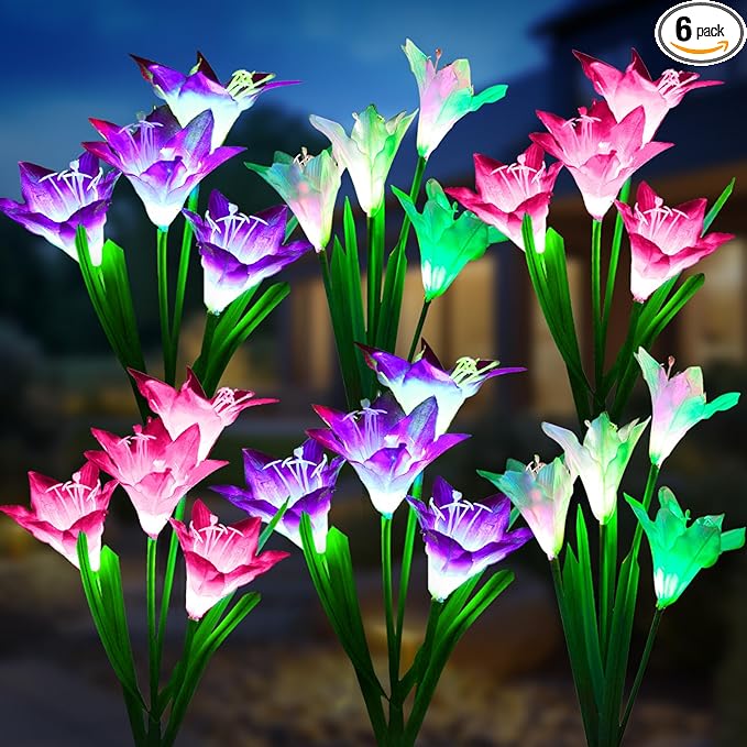 KOOPER Outdoor Solar Lights 6 Pack Solar Garden Light with Bigger Lily Flowers Waterproof 7 Color Changing Solar Lights Outdoor - Bigger Panel for Patio Yard Garden Decoration Gift for Mom