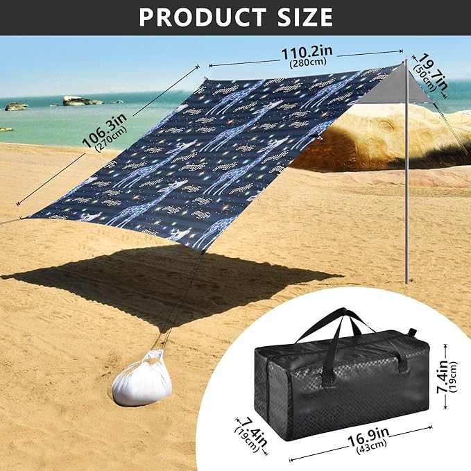 Bolaz Beach Canopy Tent Sun Shade9'×10.5' Large Family Beach Shade UPF50+- Outdoor Shade for Camping Trips FishingStriped Background Giraffe Pattern