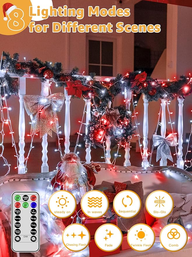 Christmas Lights 600 LED 98FT Waterproof Outdoor String Lights with Remote and Timer 8 Modes Dimmable Fairy Lights for Indoor Outdoor Wedding Party Holiday Decorations (Red and White)