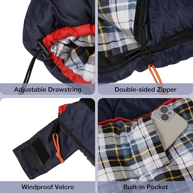 REDCAMP Cotton Flannel Sleeping Bag for Camping Backpacking Adults Cold Weather Envelope Sleeping Bags with 2/3/4/6lbs Filling