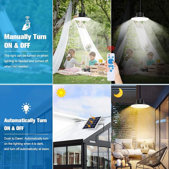 NIORSUN Solar Lights Outdoor LED Solar Pendant Light 3000K|4000K|5000K| Dimmable Lighting with Remote Control 16.4ft Cable IP66 Waterproof for Patio Garage Camp Chicken Coop Shed Barn