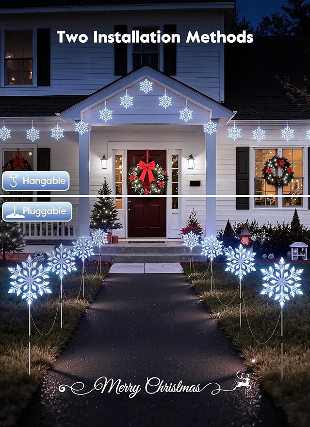 Brightown Snowflake Lights Outdoor 2 Sets Total 20 Large Snowflake Christmas Pathway Lights Christmas Decorations Outside Yard Sidewalk Walkway Driveway Marker Stake White