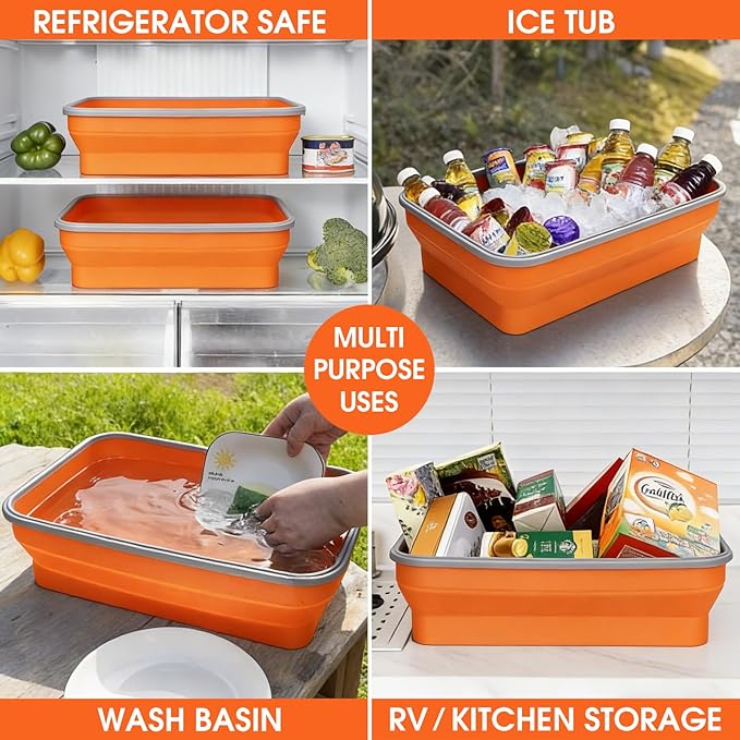 Silicone Collapsible Marinating Container with Lid for Meat 2.64Gal/10L Extra Large Collapsible BBQ Prep Tub Transparent Locking Lid XL Grill Prep Trays and Carry System BBQ Must-Have Orange