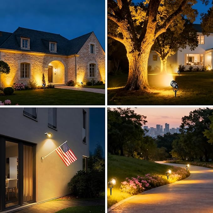 Landscape Spot Lights Outdoor Dusk to Dawn Outdoor Lighting with IP65 Waterproof Auto On/Off 3000K Warm White Plug in Spotlight for Yard Tree Wall Pathway Flag Pole House 4 Pack