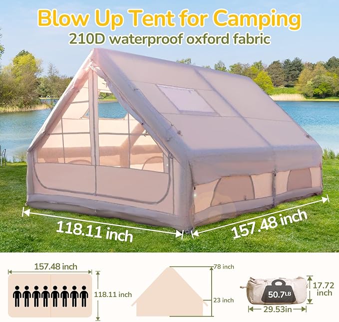 4-10 Person Inflatable Tent Waterproof Quick Setup for Camping Glamping and Family Outdoor Use Beige