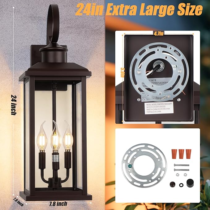 3-Light Large Outdoor Wall Light 2-Pack 24 Bronze Modern Extra Exterior Lighting Fixture Waterproof Porch Sconce Wall Mount Outside Lamp for Front Door Farmhouse