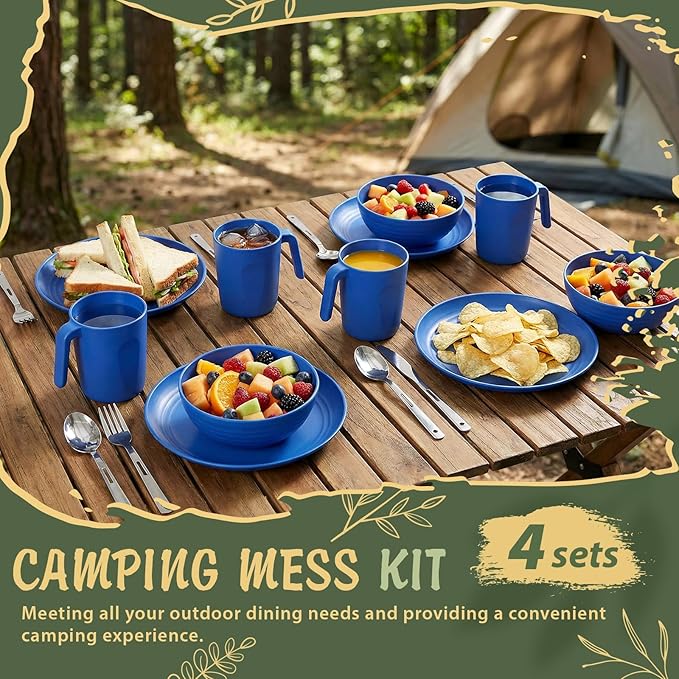 Camping Mess Kit for 4 Reusable Plastic Camping Dishes Set Light Weight Tableware Kit Utensils for Backpacking Hiking Picnic Outdoor Essentials Gear