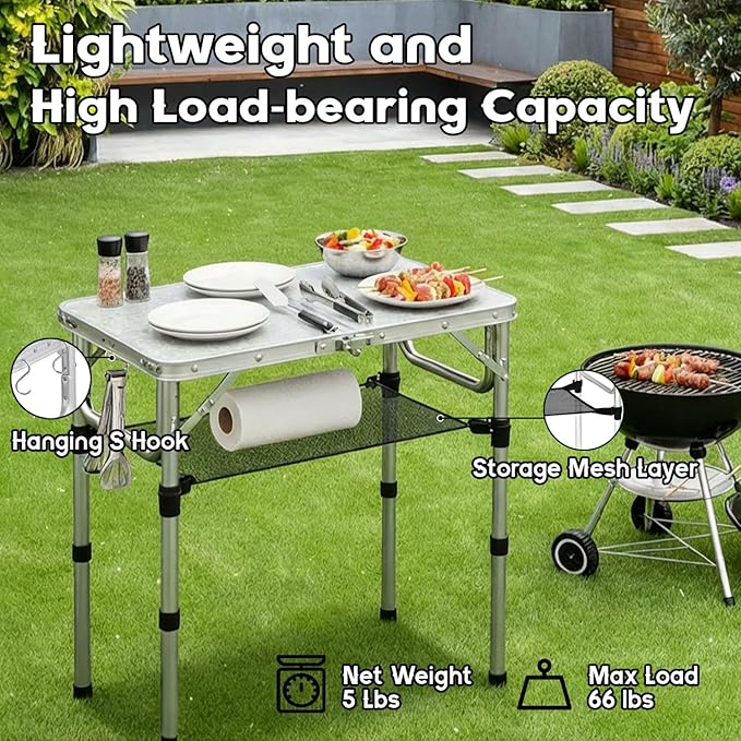 Folding Camping Table Aluminum 24 x 16 Adjustable Height Max 27.5 with Carrying Handle Lightweight Portable Camping Table for Outdoor Indoor Picnic Beach Silver