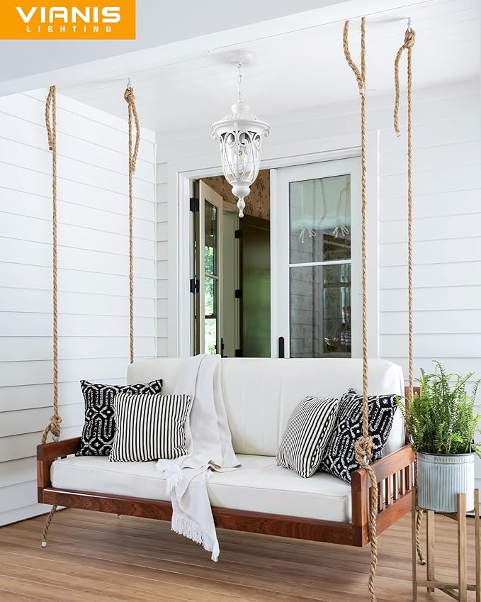 VIANIS Large Outdoor Pendant Light Lantern White Modern Outdoor Chandelier Handcrafted Hanging Outdoor Lights with Seed Glass Outdoor Ceiling Lights for Porch House Doorway Garden Entryway