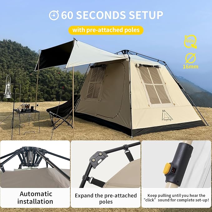 TENPLAY 2-4Person Instant Cabin TentPortable Pop Up TentOne-TouchSetup with 60sSpacious InteriorBlackCoatingWaterproof5000mmIncludes RainflyCanopy Blackout Tents for CampingHikingFamily