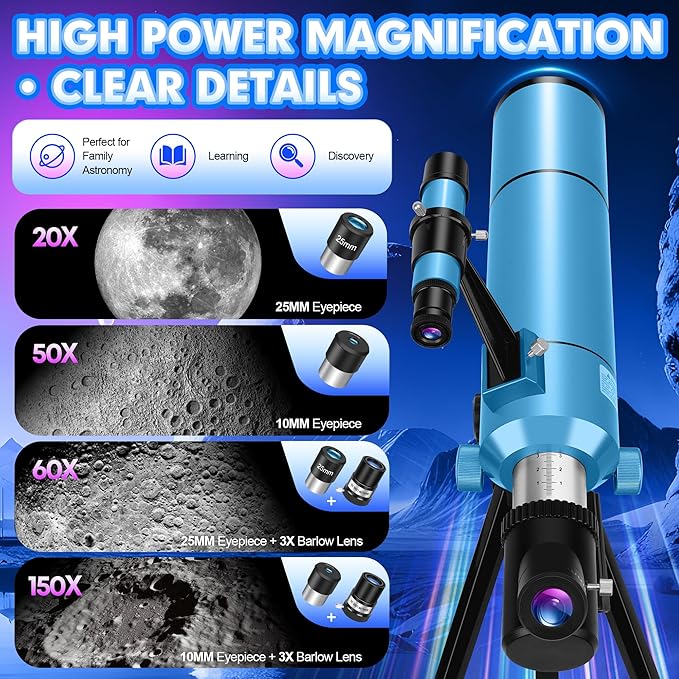 Telescope for Adults &amp Kids 80mm Aperture 500mm (20X-150X) Professional Refractor Telescope for Astronomy Beginners Portable Travel Telescopes with Tripod Phone Adapter Stickers Backpack