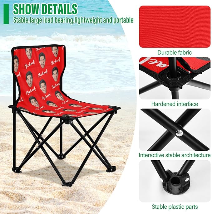 Sinestour Red Custom Photo Folding Camping Chair for Teen Child Personalized Name 14.6×14.6in Portable Outdoor Chair with Carry Bag for Barbeques Travel Lawn