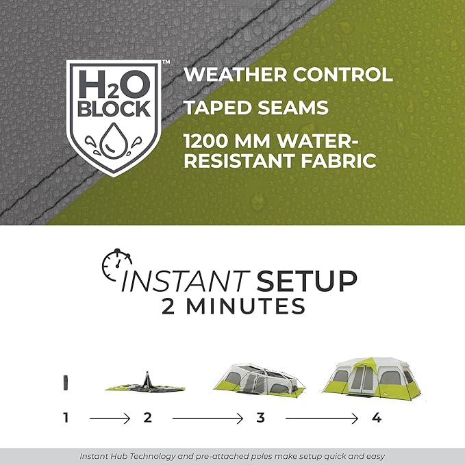 CORE Instant Cabin Tents | 6 Person / 9 Person / 10 Person / 12 Person Family Cabin Multi Room Pop Up Tents Car Camping | Included Storage Pockets for Camping Accessories