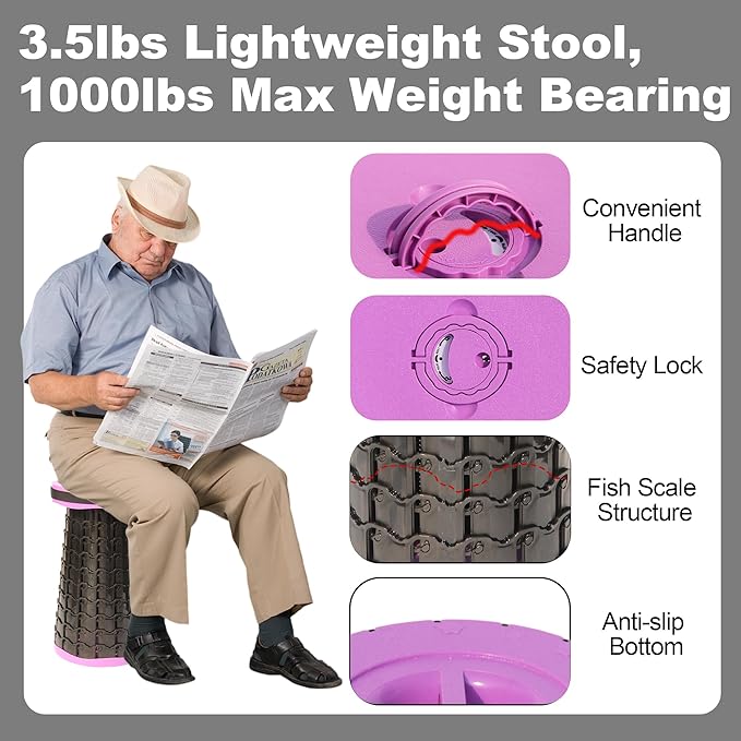 ALEVMOOM Upgraded 19.7 Portable Collapsible Folding Stool Retractable Telescoping Foldable Stool for Adults Heavy Duty Camping Sturdy with Max Load Capacity 1000lbs for Outdoor Fishing Hiking BBQ