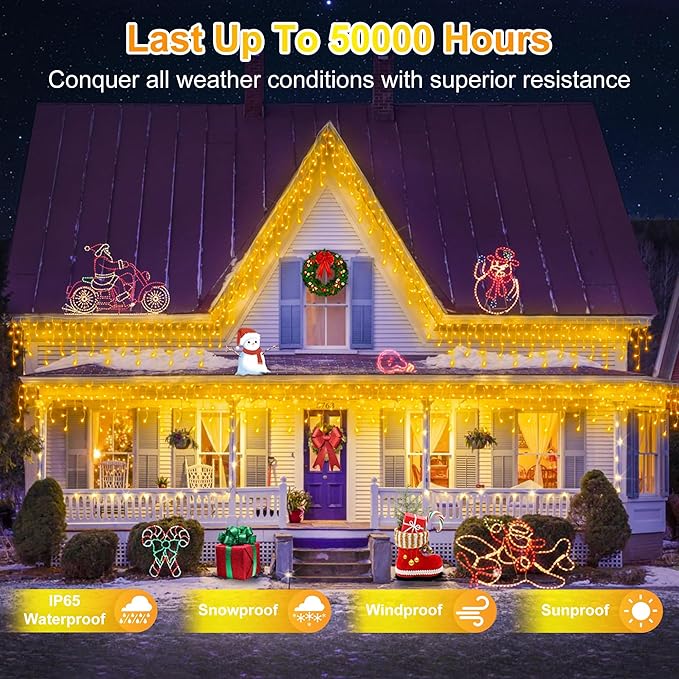 1296LED Christmas Lights with 288 Drops 131ft 8 Modes Christmas String Lights Outdoor Waterproof Christmas Decorations Fairy Lights with Timer Memory for Xmas Party Patio Window Fence Warm White