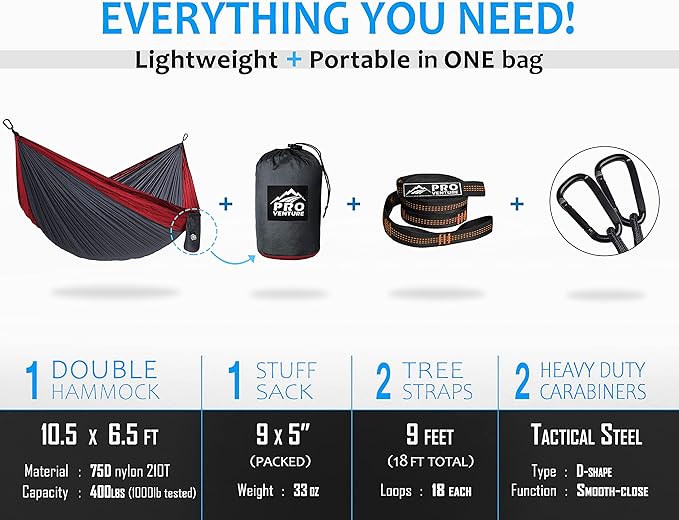 Pro Venture Camping Hammock 500 lb Capacity – Portable Double Hammock with Tree-Friendly Straps and Carabiners Lightweight for Backpacking Hiking Travel Beach Backyard