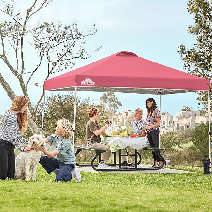EAGLE PEAK Pop Up Canopy Tent with Wheeled Carry Bag 8 Stakes 4 Ropes 4 Weight Bags Easy Set Up Tent Canopy 10x10 ft 100sqft of Shade Peach Pink