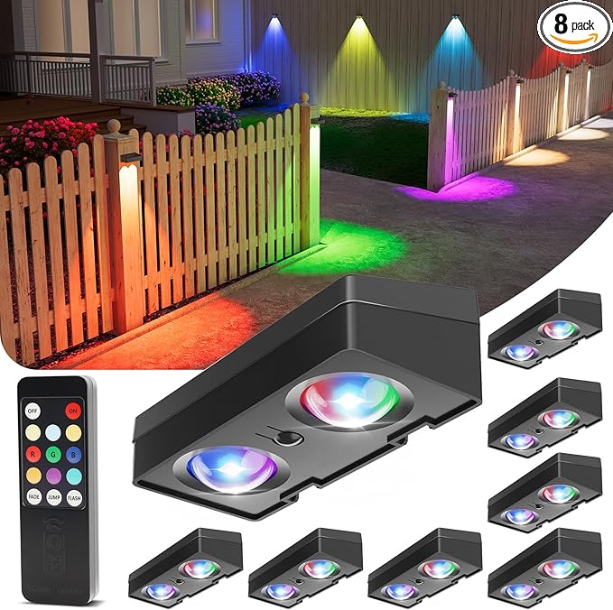 VOLISUN Solar Fence Lights with Remote Control 50 Lumen LED Fence Lights Solar Powered IP65 Waterproof 10 RGB Color Long-Lasting Solar Lights for Backyard Garden Deck Patio Railing (8 Pack)