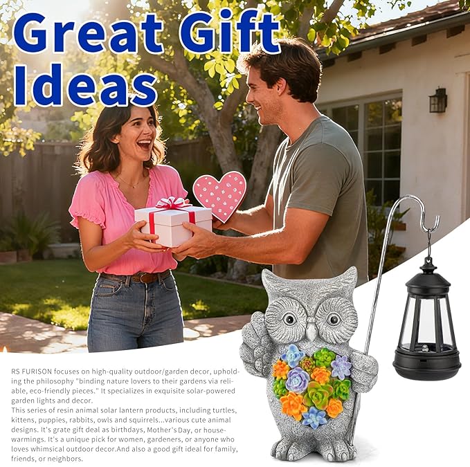 Solar Owl Garden Statue with Succulent Decor &amp Hanging Lantern – Outdoor Resin Decor for Patio Yard Balcony – Unique Gift for Women Gardeners