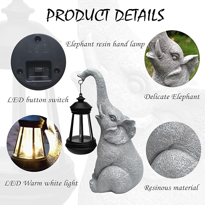 Elephant Solar Garden StatuesResin Elephant Figurine Decorations with Solar Lights Lantern Outdoor Figurines Lawn Garden Statue Decor Art for LawnYard Balcony Ornament.