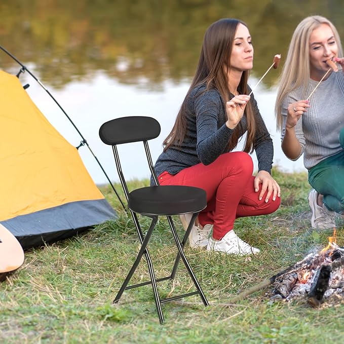 Cushioned Padded Folding Stools Folding Bar Stool with Backrest 220lb Capacity 19 Inch Collapsible Round Portable Foldable Chair for Outdoor Indoor Kitchen Camping Fishing (Black 2 Pack)