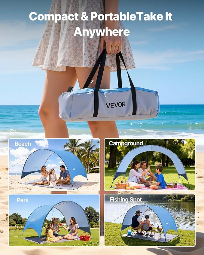 VEVOR Beach Tent Sun Shelter for 3 Person UPF 50+ Portable Sun Shade Beach with Carrying Bag &amp Ground Stakes Lightweight and Easy Setup Beach Umbrella for Camping Fishing Outdoor Picnic