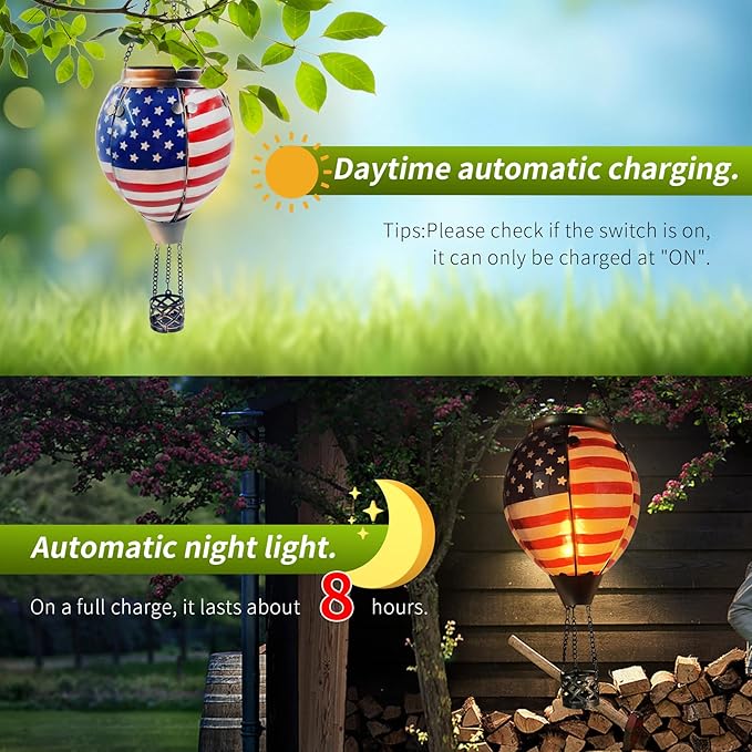 Glass Solar Hot Air Balloon Lantern with Flame Hanging Garden Flickering Light Outdoor Waterproof for Yard Patio Tree 4th of July Decorations Flag