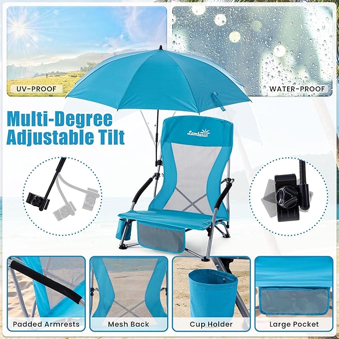 Lamberia Folding Beach Chair with Umbrella for Adults Portable Low Beach Chairs with 300lbs Capacity Lightweight Fodable Camping Chair for Travel Picnic Concert &amp Outdoor Activities Blue