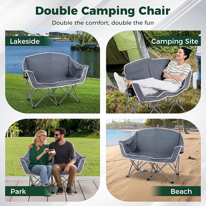 Tangkula 2 Person Camping Chair Portable Oversized Outdoor Folding Camp Chair Loveseat with Padded Seat Cup Holder Carry Bag Heavy Duty Lawn Chair for Beach Fishing Travel (Gray 2-Person)