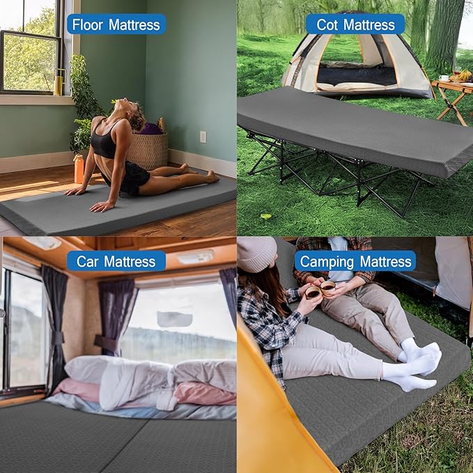 Memory Foam Camping Mattress Pad 3 Inch Thick Portable Sleeping Pad with Waterproof Cover Portable Roll Up Cot Mattress Pad Floor Mat for Travel Truck Bed Tent 72 x 24x 3