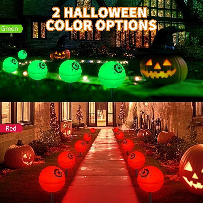 Solar Halloween Lights Waterproof Decorations 5 Pack Solar Globe Lights for Garden Decorations Outdoor Ghost Scary Eyeball Pathway Decor for Christmas Tree Garden Lawn Yard (Green&ampRed)