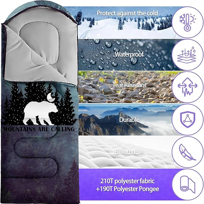 Sleeping Bags for Adults Youth Kids3D Printing Camping Sleeping Bag for Girls Boys Lightweight Waterproof Cold/Warm Weather Sleeping Bag for 3 Seasons