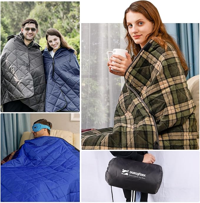 DUKUSEEK Waterproof Camping Blanket with Thick Fleece Large Outdoor Blanket Windproof with Foldable Hood for Camping Stadium Sporting Events79x 58…