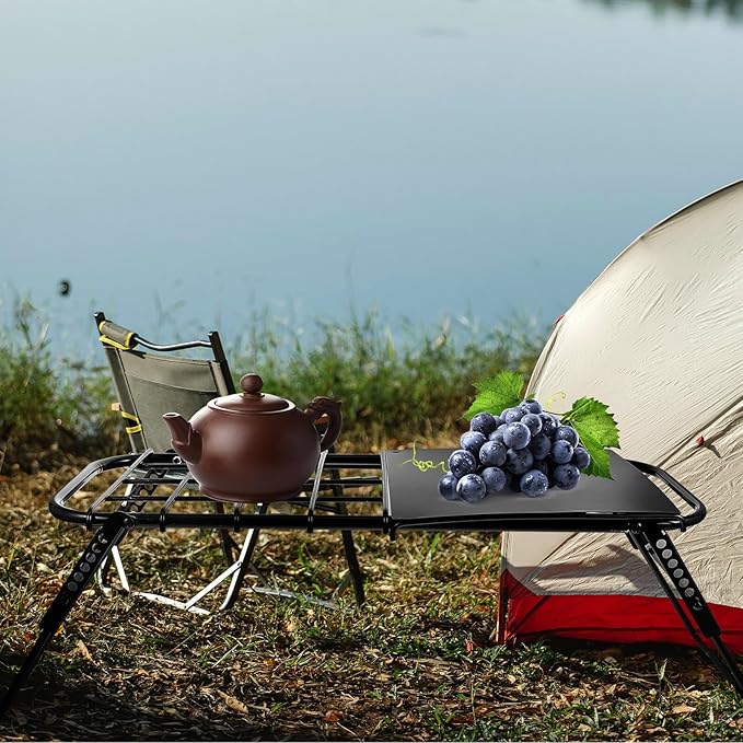 Portable Folding Camping Table with Mesh Top Adjustable Height Metal Frame Lightweight Outdoor Picnic and BBQ Table for Hiking Beach and Travel Use