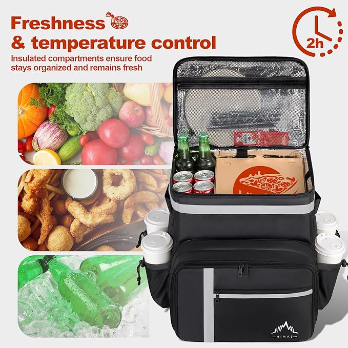 Food Delivery Backpack Insulated Food Delivery Bags for Takeout Bike Large Pizza Takeout Bag for HOT/COLD with 4 Pockets Reflective Perfect for Uber Eats Camping &amp Beach