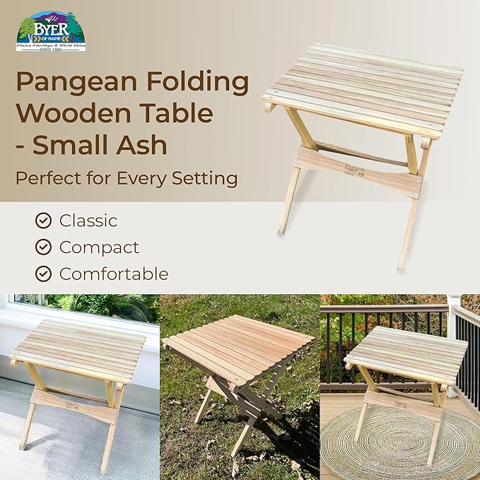 BYER OF MAINE Pangean Folding Wooden Side Table – 18 H x 16 W x 16 D – Folds Flat Ash Wood Table for Camping Patio Porch Balcony and Garden Use