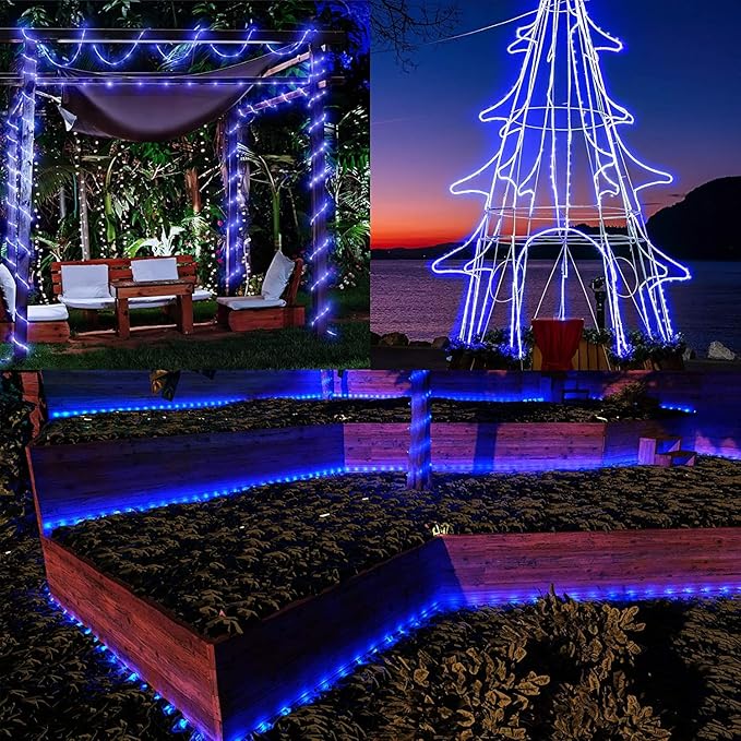 New Upgraded Solar Rope Lights Outdoor Waterproof 19 Modes 300 LED 105ft Solar String Lights with Remote Timing Dimmable Tube Light for Outside Pool Tree Patio Yard Christmas Decoration (300LED-Blue)