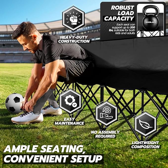 Flexzion Portable Folding Bench Seat 6 Seater Collapsible Soccer Bench Portable Bench Seats for Bleachers Camping Sideline with Back Rest and Carrying Bag Black
