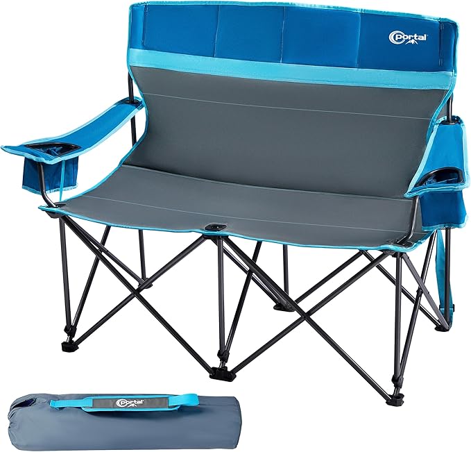 Portal 2 Person Camping Loveseat Folding Double Duo Camp Chair for Adults High Back Outdoor Support 500 lbs Blue